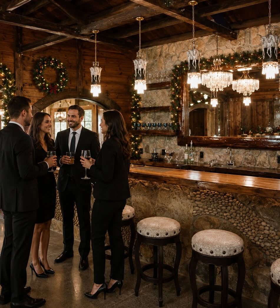 Guests networking at the bar during a corporate event at White Horse Farm