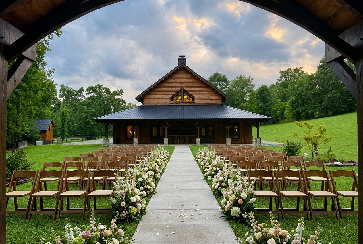 Outdoor ceremony setup with floral aisle at White Horse Farm